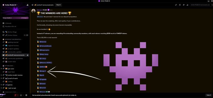 A screenshot of a Discord channel titled '#circuit-announcements' announces winners, with a message stating "🏆 THE WINNERS ARE HERE! 🏾" and listing recipients, accompanied by a pixelated purple alien graphic.