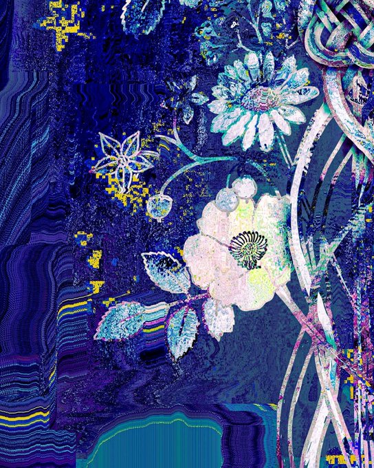 Vibrant, colorful digital artwork featuring white flowers and abstract patterns set against a deep blue and purple textured background.