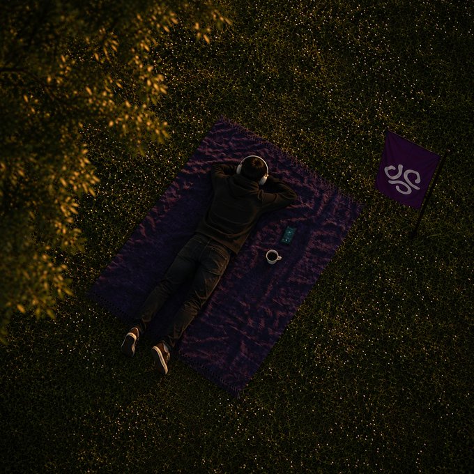 A person lies on a patterned blanket on dark grass listening to music, with a phone, mug, and a purple flag bearing a white symbol planted nearby.