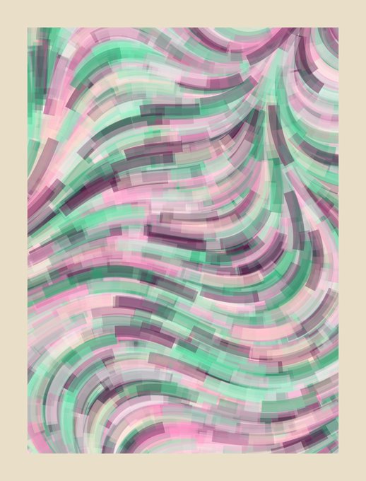 An abstract digital artwork featuring swirling waves of green, magenta, purple, and white colors on a beige background.