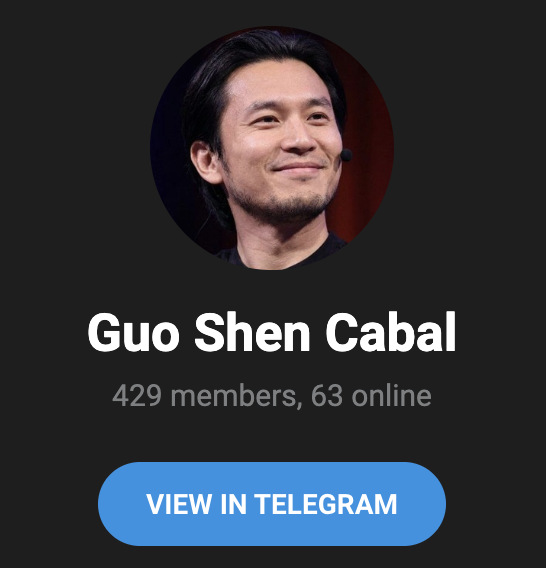 The image shows a Telegram group preview titled "Guo Shen Cabal" with 429 members and 63 online, featuring a profile photo of a smiling Asian man. It serves as a promotional graphic directing viewers to join the "Guo Shen Cabal" Telegram channel via a "View in Telegram" button, aligning with the post's call to action for a $4 to $80,000 challenge.