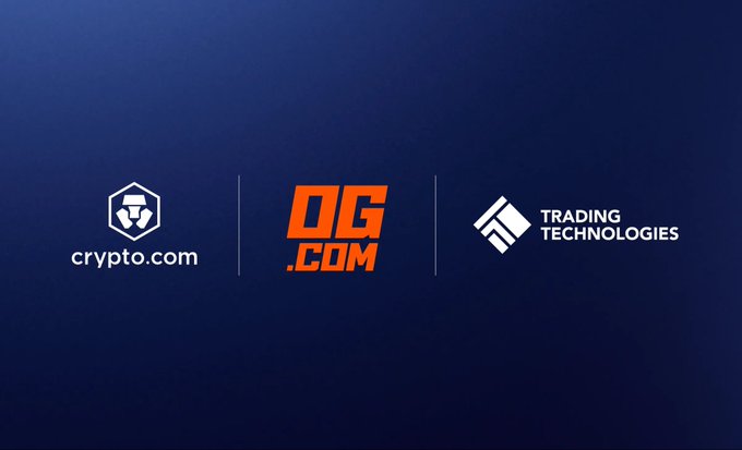 Three company logos displayed on a dark blue background: Crypto.com, OG.com, and Trading Technologies.