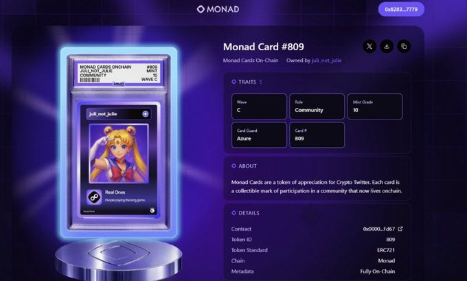 A screenshot of Monad Card #809, an on-chain digital collectible featuring anime artwork of a Sailor Moon-style character, owned by 'juli_not_julie' with details including Wave C, Role Community, and Meta Grade 10.