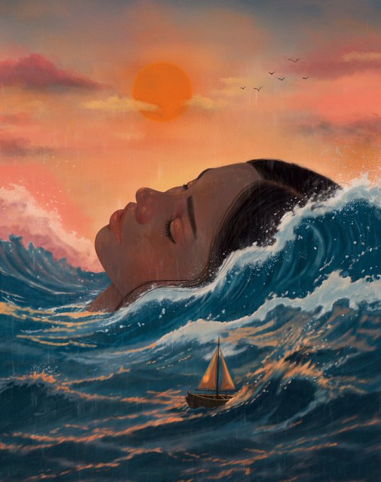 The image features an illustration of a woman's head floating above a body of water, which appears to be a stormy sea or ocean. The woman's face is prominently displayed against this backdrop. Below her, there are two boats - one sailboat and one motorboat. The boats seem to be sailing through the rough waters surrounding the woman's head. In addition to these elements, there are several birds flying around in the sky above the water.