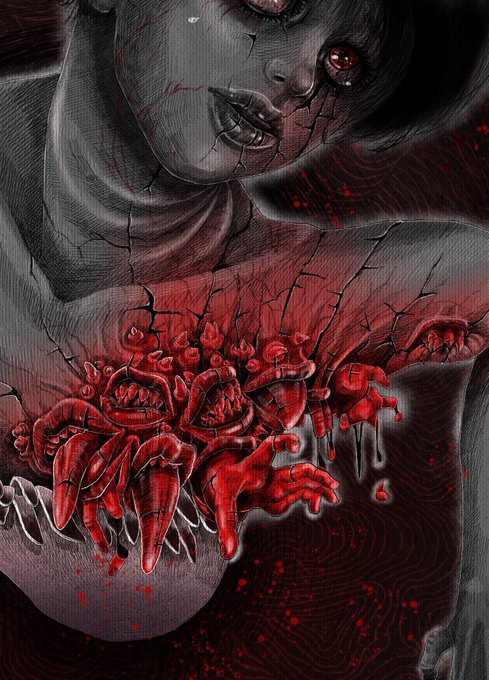 A dark, horror-style digital illustration depicting a cracked gray figure from which red, monstrous hands and faces are emerging.