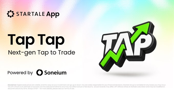 The image shows a promotional advertisement for TapTap and is set against a colorful background featuring a rainbow of colors. The main object in the image is an arrow pointing upwards, which is written out as "TAP TAP". This direction of movement suggests that tap-based trading would be faster than traditional trading methods. Below this central element, there's some text that says "NextGen Tap to Trade", and it mentions "@soneium" as the company behind the app. The title of the post is "No Cap, Just Tap.", indicating that the promoted activity is a gaming experience where players tap on the arrow pointing upwards to earn rewards or win points. The post also mentions an expected 500 USDSC pool for those who join in June promotion.
