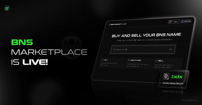 A promotional graphic announcing 'BNS MARKETPLACE IS LIVE!' featuring a stylized tablet interface with 'BUY AND SELL YOUR BNS NAME' text and the bns.bedox.io URL.