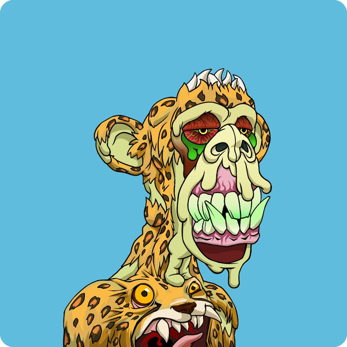 The image features a cartoon monkey with a leopard print face, wearing a mask that covers its eyes and mouth. The monkey has large teeth and an open mouth, giving it a creepy appearance. The background of the image is blue, which contrasts with the monkey's leopard print face. There are no texts or other objects in the image, making the focus solely on the monkey and its facial features.