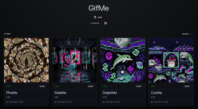 A dark-themed website interface titled 'GifMe' displaying 4 NFT items including 'PhoMe', 'SolaMe', 'DolphMe', and 'CozMe', each priced at 0.041 ETH.