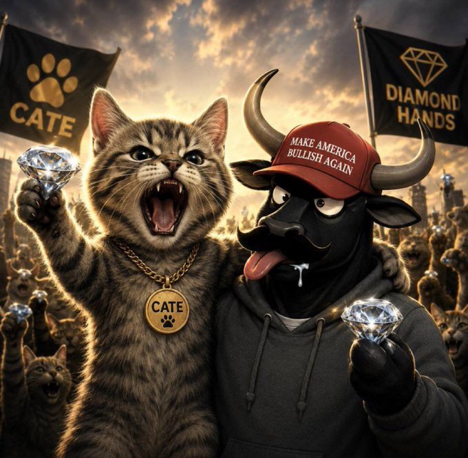 A meme-style illustration shows a hissing tabby cat with a 'CATE' gold medallion next to a bull wearing a 'MAKE AMERICA BULLISH AGAIN' hat and a hoodie, both holding diamonds.