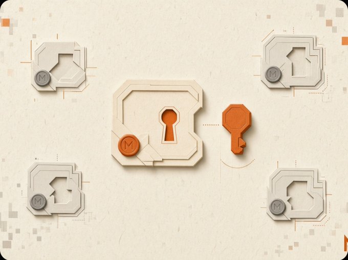 A digital graphic featuring a beige background with stylized lock and key icons in the corners, with a central hexagonal design containing an orange keyhole and a key.