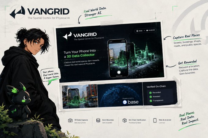 A promotional graphic for 'VANGRID - The Spatial Cortex for Physical AI' featuring anime-style artwork and details about turning your phone into a 3D data collector to earn bounties, powered by Base.