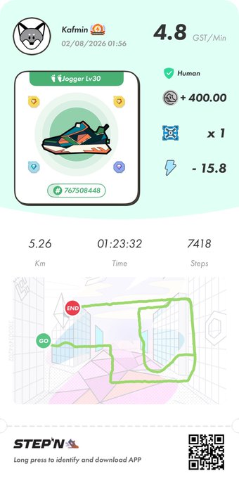 A STEPN app screenshot showing fitness stats for user 'Kafmin' dated 02/08/2026, with a 5.26 km walk in 01:23:32 and 7,418 steps.
