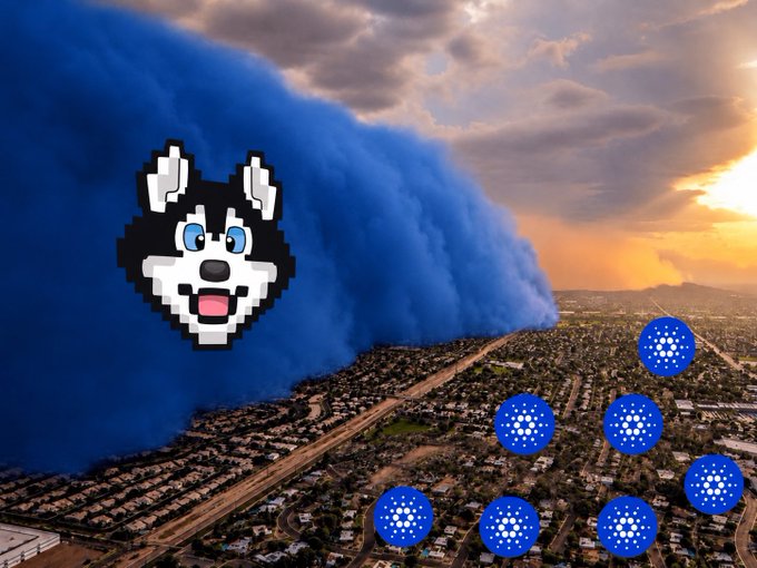 A pixel art graphic showing a husky dog head over an aerial view of a coastal city with a large blue dust/smoke cloud approaching from the ocean and several Cardano (ADA) cryptocurrency logos scattered around.