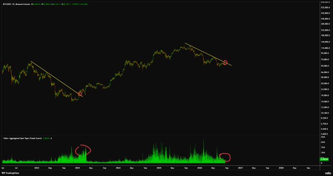 A Bitcoin (BTC/USD) weekly chart shows price testing a descending trendline resistance near $75,000, marked with red circles at key breakout zones on both the price action and the "Aggregated Spot Taker Volume" indicator below. The chart visually supports the post's analysis by highlighting the descending trendline that BTC must break above, alongside weak spot buying activity suggesting the recent pump is driven by futures liquidations rather than sustainable spot demand.