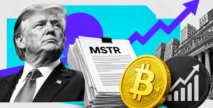 A graphic features Donald Trump alongside a 'MSTR' document, a Bitcoin coin, and an upward-trending stock chart set against a Stock Exchange building.