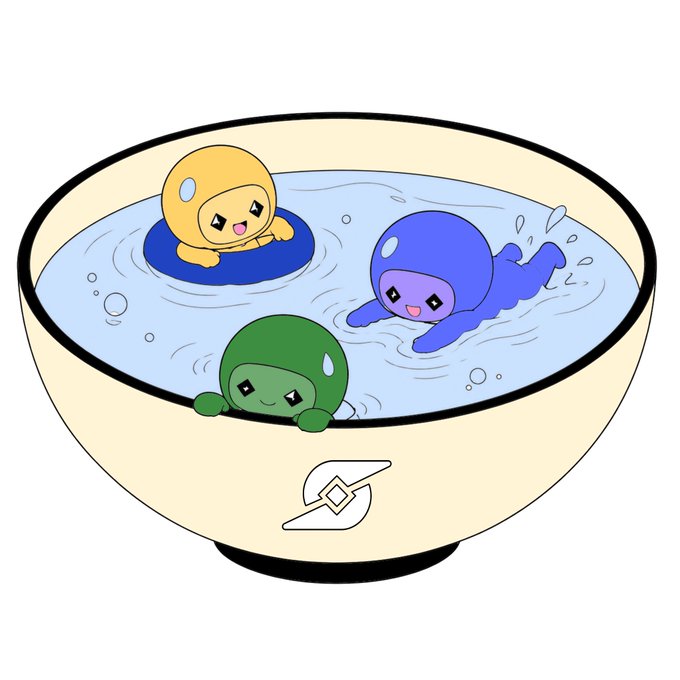 A cute illustration of three small colorful characters (yellow, blue, and green) swimming and floating in a bowl of water with a logo on the bowl's side.