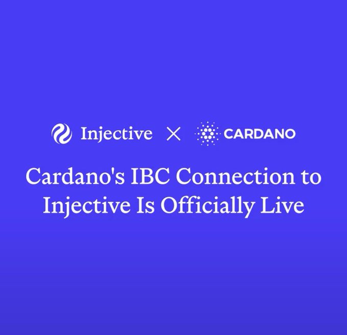 A blue announcement graphic for Injective x Cardano, declaring 'Cardano's IBC Connection to Injective Is Officially Live.'