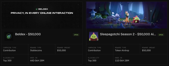 A website displaying two crypto campaigns: 'Beldex - $50,000' with stablecoin rewards and 'Sleepagotchi Season 2 - $50,000 Airdrop' with token rewards, both showing eligibility for Top 300.