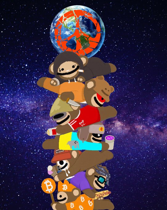 A digital illustration shows a tower of cartoon monkey characters stacked beneath a cracked Earth, set against a starry space background, with Bitcoin symbols on the bottom character.