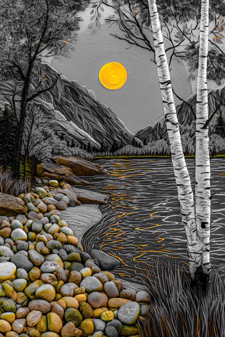 A stylized illustration of a serene lake scene featuring a bright yellow moon, gray mountains, and white birch trees with a rocky shoreline in the foreground.