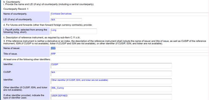 This image shows Section B (Counterparty) and Section C (Reference Instrument) of an SEC Form NPORT-P filing detail for the Teucrium 2x Long Daily XRP ETF ($XXRP), identifying Coinbase Derivatives as the counterparty with a Long payoff profile, and listing XRP as the reference instrument with an "Other identifier" of "XBL_Curncy" categorized as User Defined.