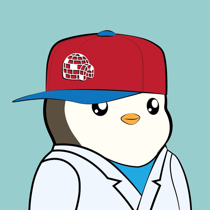 A cartoon penguin character wearing a red and blue cap with a brick wall logo, a blue shirt, and a white lab coat.