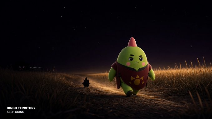 A green, round cartoon character with a red pointed hat and cape walks through a dark field under a starry night sky, with the text 'DINGO TERRITORY' and 'KEEP GOING' visible in the corner.