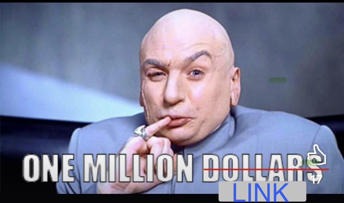 A bald character in a gray suit poses thoughtfully with the text "ONE MILLION DOLLAR$" and "LINK" overlaid below him. The image plays on the famous Dr. Evil meme to hype up the $LINK token's price potential as its "season" approaches.