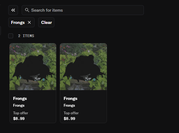 A dark-themed marketplace listing showing two identical items titled 'Frongs' with a top offer price of $8.99, displayed as plants with black silhouettes over them.