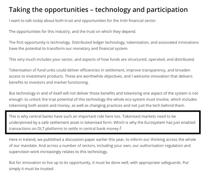 A text document titled "Taking the opportunities – technology and participation" discussing financial technology, with a highlighted paragraph noting that the Eurosystem has enabled transactions on DLT platforms to settle in central bank money.
