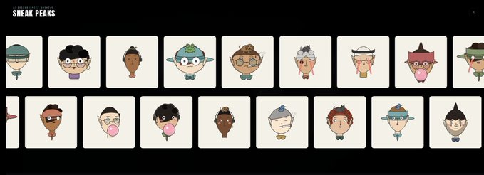 A grid of cartoon character avatars with the text 'AN AVALANCHE OF DREAMS SNEAK PEAKS' in the top left corner, showing various characters with different hairstyles, hats, and bubble gum.
