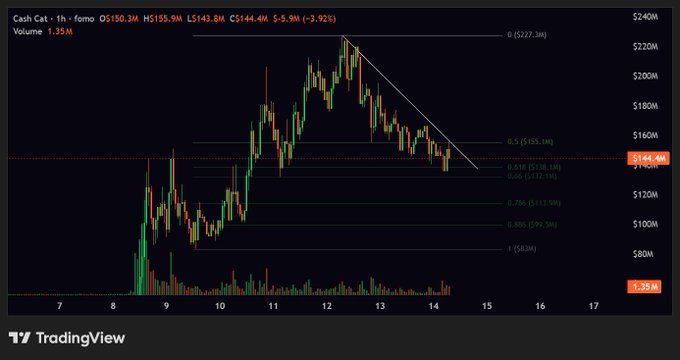 A 1-hour candlestick chart of $CASHCAT (Cash Cat) on TradingView shows a sharp rally peaking near $227.3M before entering a steep downtrend, currently trading around $144.4M (-3.92%) with Fibonacci retracement levels drawn between the high and low—illustrating the failed breakout attempts and ongoing corrective pullback referenced in the post.