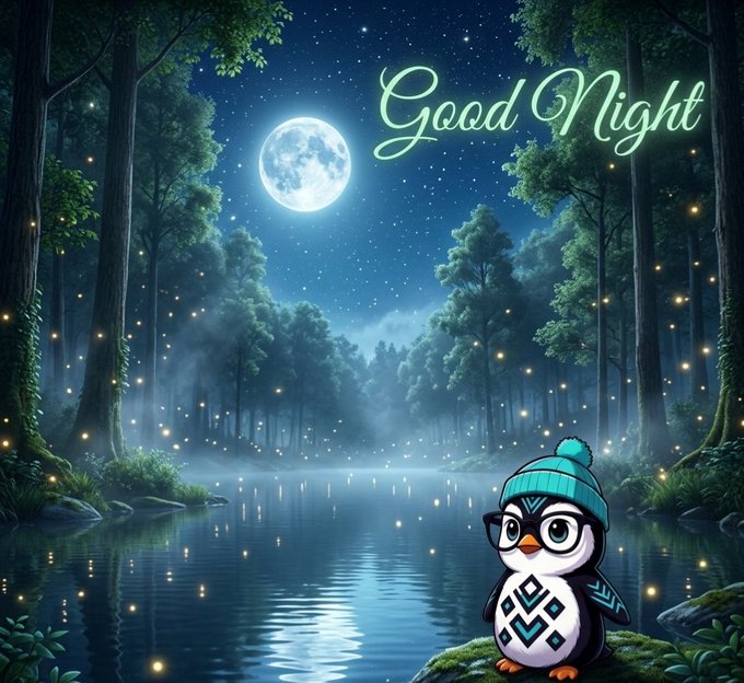 A fantasy illustration of a glowing moonlit forest with fireflies over a reflective lake, featuring a small character with a beanie and glasses, with 'Good Night' written in cursive.
