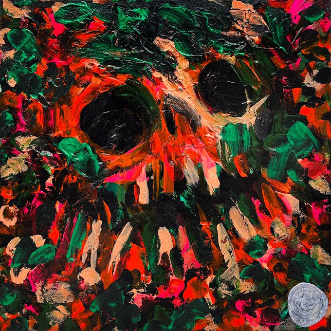 A vibrant abstract painting depicting a skull rendered in thick, impasto brushstrokes of red, green, pink, and black paint, with a silver coin shown in the lower right corner for scale.