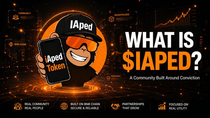 A promotional graphic for '$IAPED' featuring a cartoon character in orange sunglasses and an 'IAped' hat holding a phone that reads 'iAped Token,' with the tagline 'A Community Built Around Conviction' and features listed including 'REAL COMMUNITY,' 'BUILT ON BNB CHAIN,' 'PARTNERSHIPS,' and 'FOCUSED ON REAL UTILITY.'