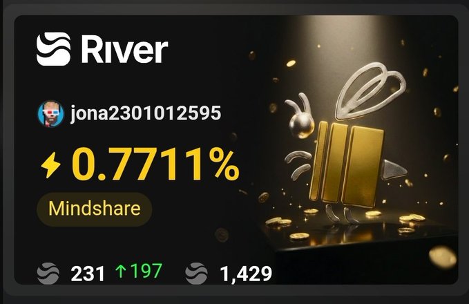 A River app screenshot showing user 'jona2301012595' with a 0.7711% mindshare rating, featuring a gold and silver animated character with coins.