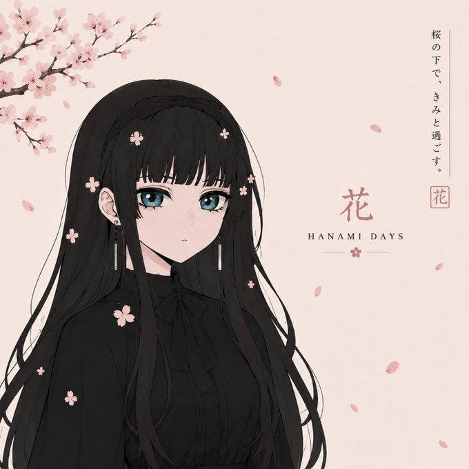 An anime-style illustration of a girl with long black hair and blue eyes, wearing a black outfit with cherry blossom petals around her, featuring the text 'HANAMI DAYS' and Japanese characters on a pink background.