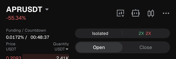 Trading interface showing APRUSDT down 55.34% with a funding rate of 0.0172% and countdown of 00:48:37, displaying options for 'Open' and 'Close' positions.