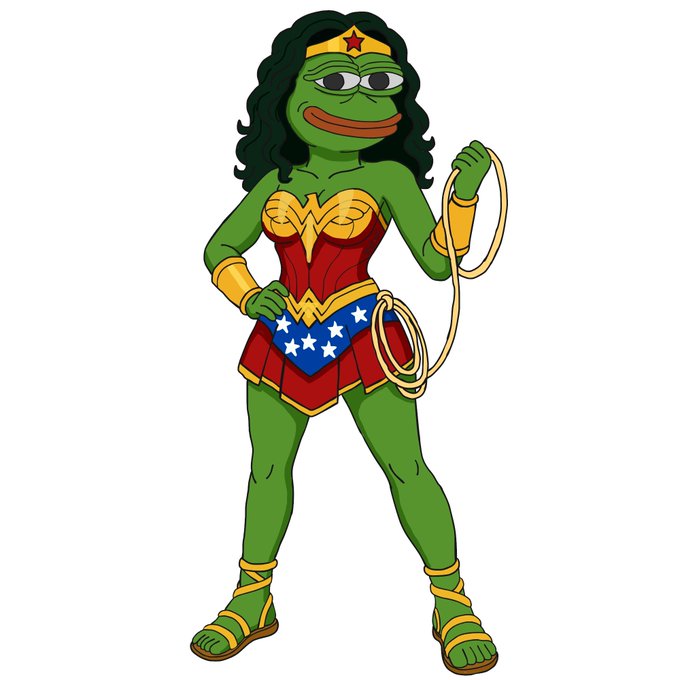 A cartoon illustration of a green Pepe the Frog character dressed as Wonder Woman, wearing the iconic red, gold, and blue costume while holding her golden lasso.