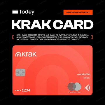 A red and orange Mastercard branded "KRAK CARD" by @Krak is featured as the "CRYPTO CARD OF THE DAY" by Todey, displaying the card's chip, contactless symbol, and placeholder number •••• 1234 beneath the headline noting it as a "world elite debit" card that connects crypto and cash through a single Mastercard.
