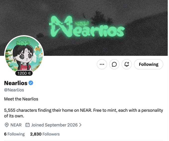 The image shows the Twitter profile for "Nearlios" (@Nearlios), featuring an anime-style avatar with "1200" displayed on it, a green logo banner, and a verified account with 2,830 followers that reads "5,555 characters finding their home on NEAR. Free to mint, each with a personality of its own." This aligns with the post highlighting Nearlios as an upcoming Milady-style NFT project on the NEAR chain with a 5,555 supply and free mint.