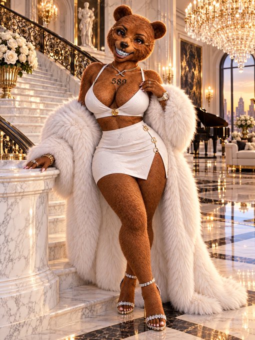 An AI-generated image depicts an anthropomorphic brown bear wearing a white two-piece outfit, high heels, jewelry, and a fur coat, standing in a luxurious setting with a grand staircase and chandelier.