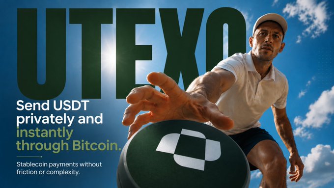 A man in athletic wear reaches for a ball against a blue sky, with prominent "UTEXO" branding and the tagline "Send USDT privately and instantly through Bitcoin," reinforcing the post's message about frictionless private stablecoin payments on Bitcoin's network.