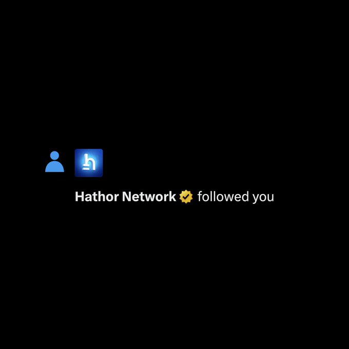 A dark notification screen displaying "Hathor Network ✓ followed you" with a blue user icon and the Hathor logo (a stylized 'h').