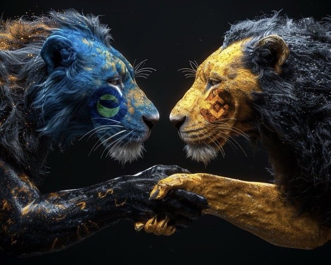 A digital artwork of two majestic lions facing each other in profile—one blue and one gold—touching paws against a dark background.