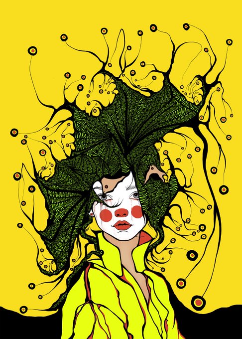 A stylized illustration on a bright yellow background depicts a pale woman with red lips, rosy circular cheeks, and an elaborate, wild black headdress resembling bat wings or foliage, surrounded by curling tendrils with small circular accents, capturing the eerie "sad clown" mood referenced in the accompanying NFT post on objkt.com.