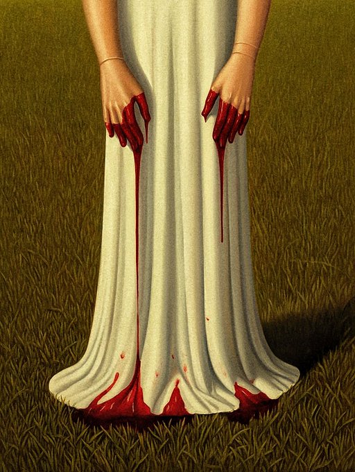 The image features an artist's painting of a woman with red blood stains on her white dress. The painting depicts a dramatic scene, with the woman standing in a field or grassy area, holding her hands outstretched as if she has been weeping. The use of red paint on the woman's dress and the surrounding environment creates a sense of sadness and loss. The artist's message is conveyed through the visual elements of the painting, which evoke feelings of heartbreak and separation.