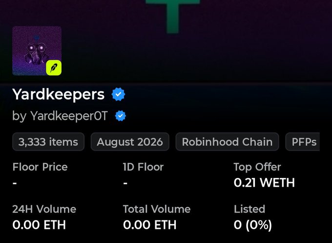 An NFT collection page displays 'Yardkeepers by YardkeeperOT' with 3,333 items on the Robinhood Chain, showing a Top Offer of 0.21 WETH.