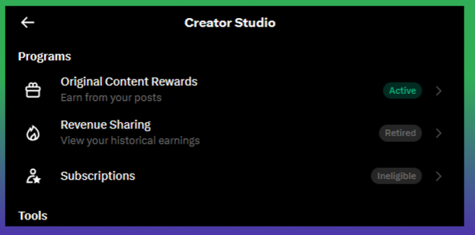 A TikTok Creator Studio interface shows Programs including 'Original Content Rewards' marked Active, 'Revenue Sharing' marked Retired, and 'Subscriptions' marked Ineligible.